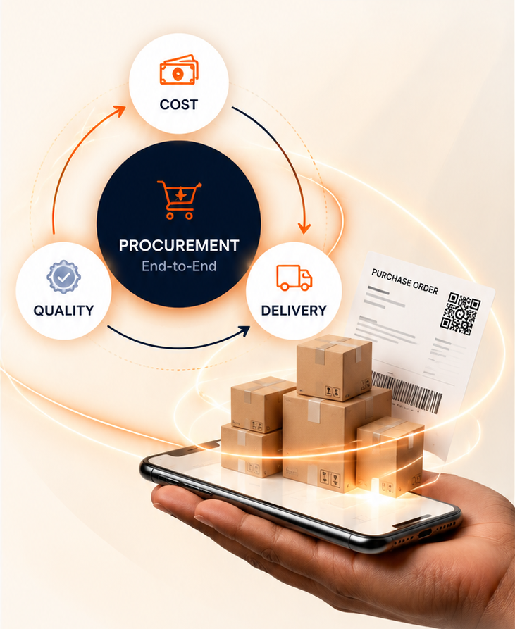 Nink procurement ecosystem: procurement flywheel with cost, quality, delivery, physical packages, and mobile sourcing