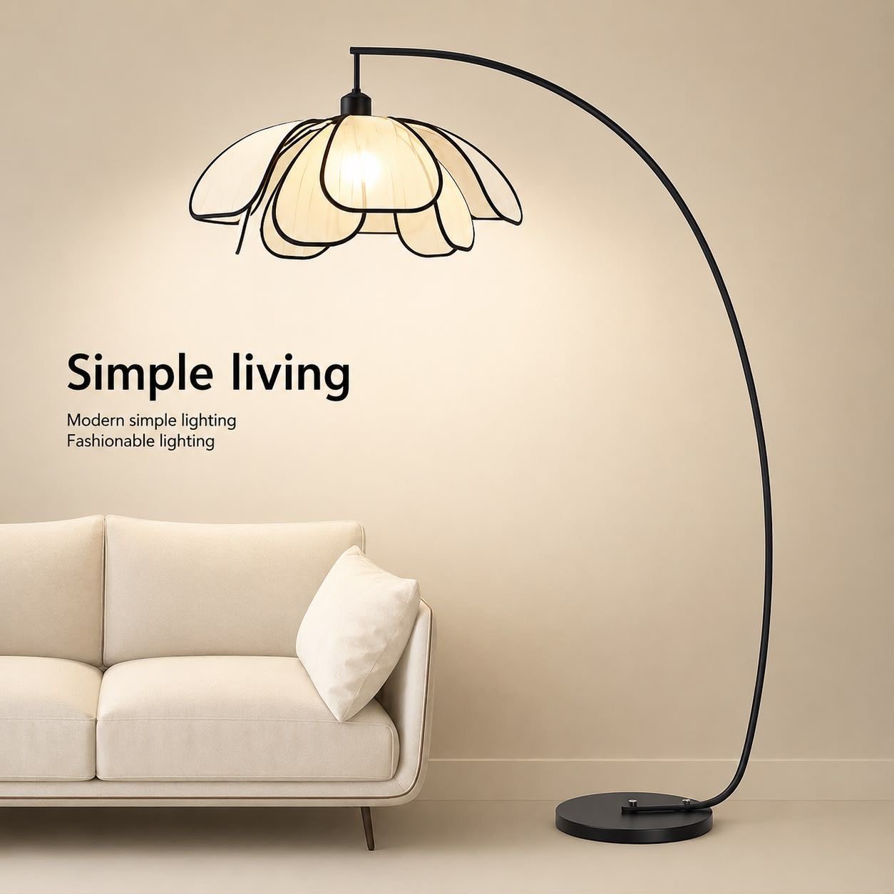 Arc floor lamp with a petal-shaped lamp shade