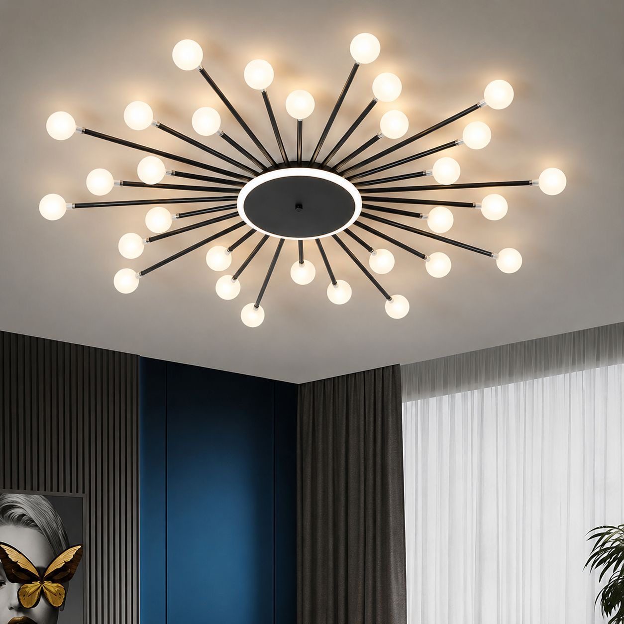 Starburst ceiling light with globe bulbs on each rod