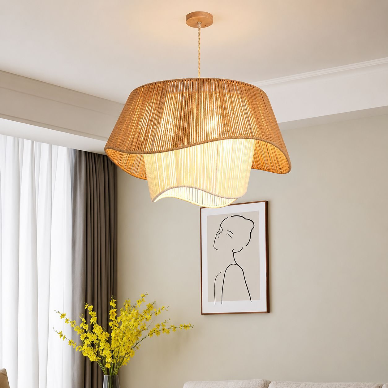 Pendant light with a woven layered shade