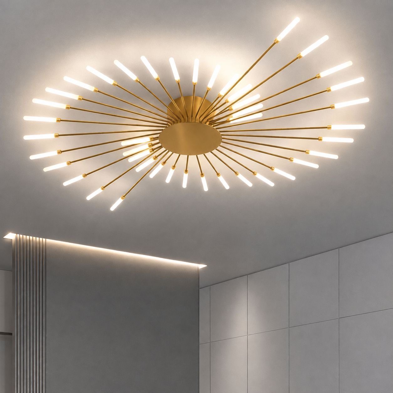 Layered starburst ceiling light with two tiers of radiating rods
