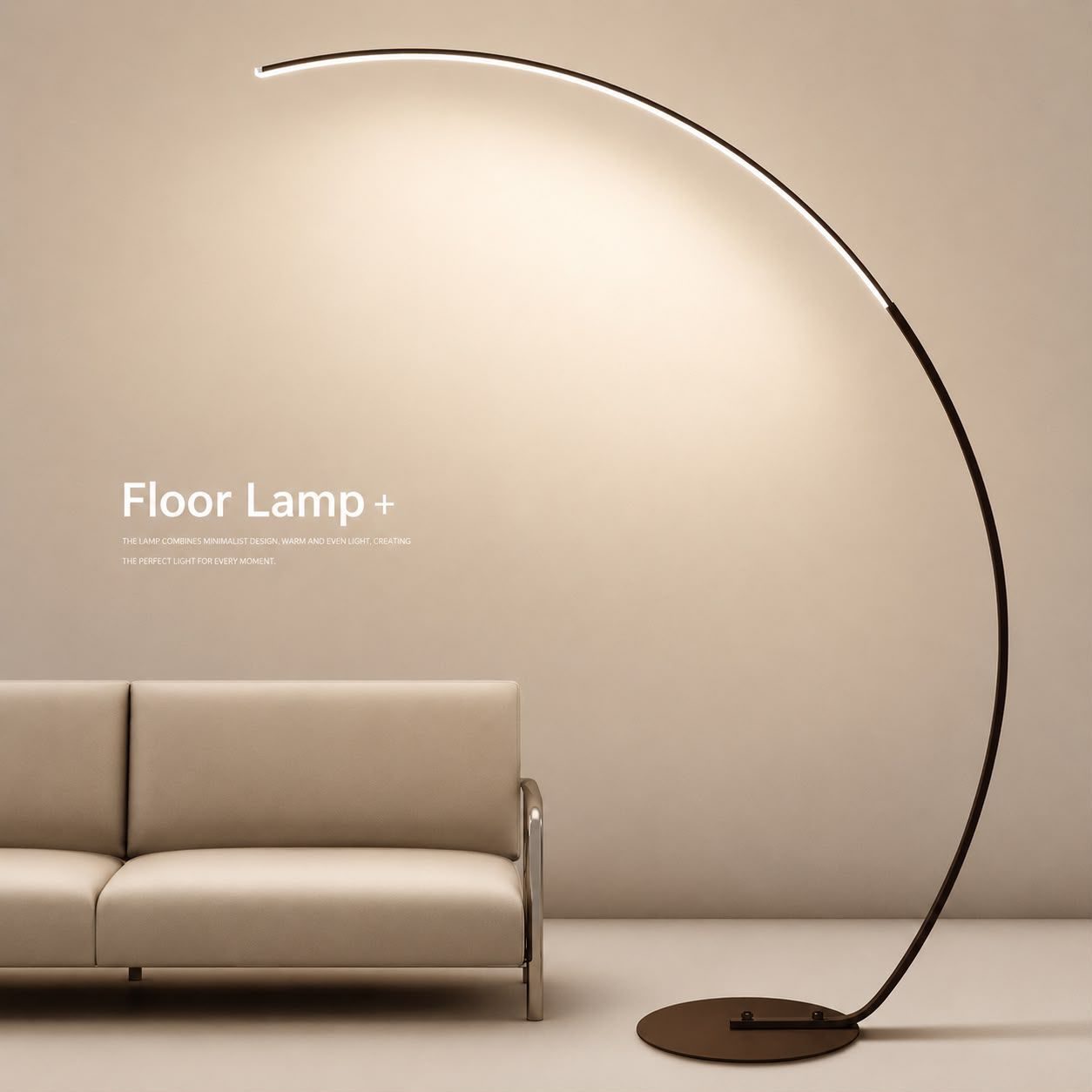 Oversized arc floor lamp with a single curved arm and plain shade