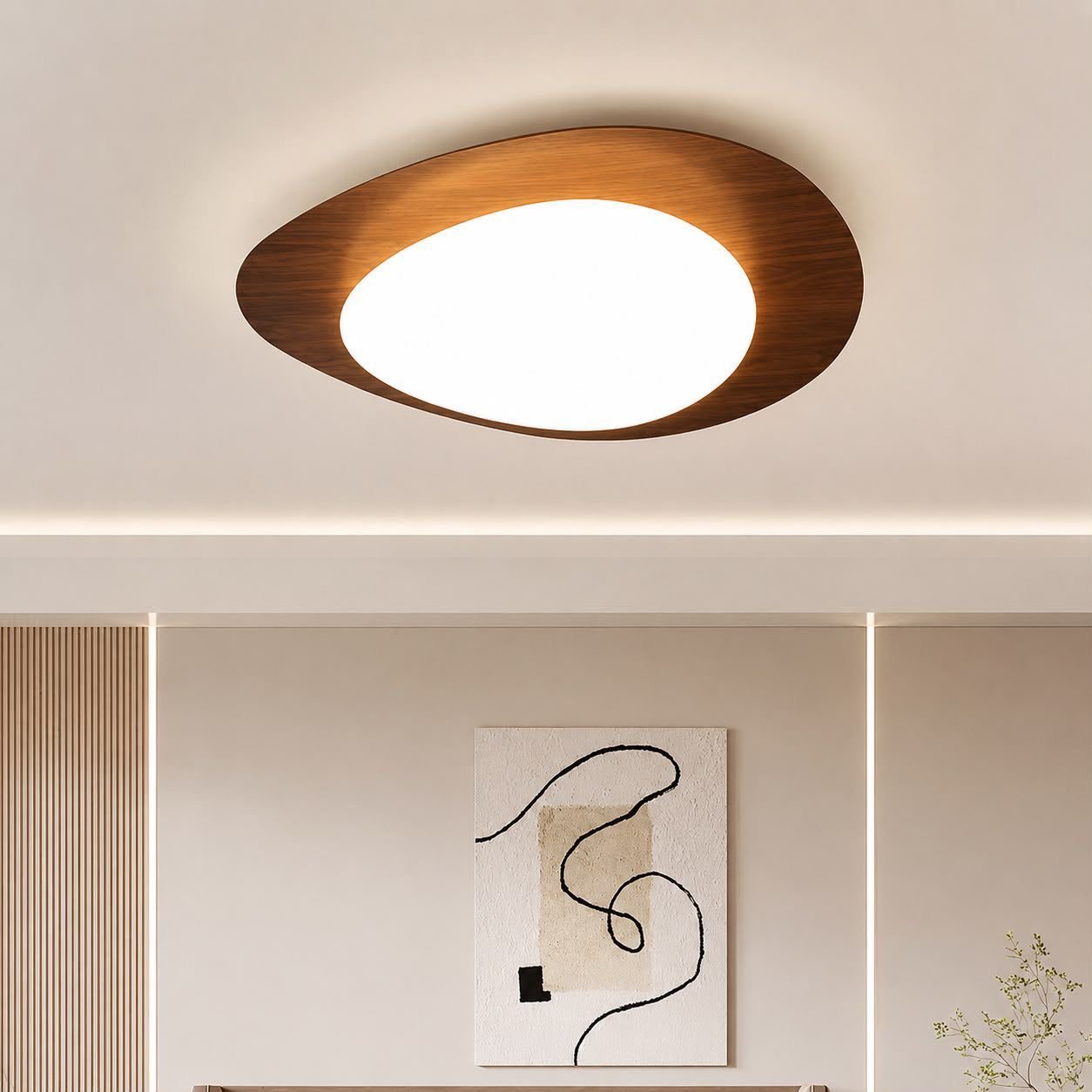 Round flush-mount ceiling light with a wood trim halo