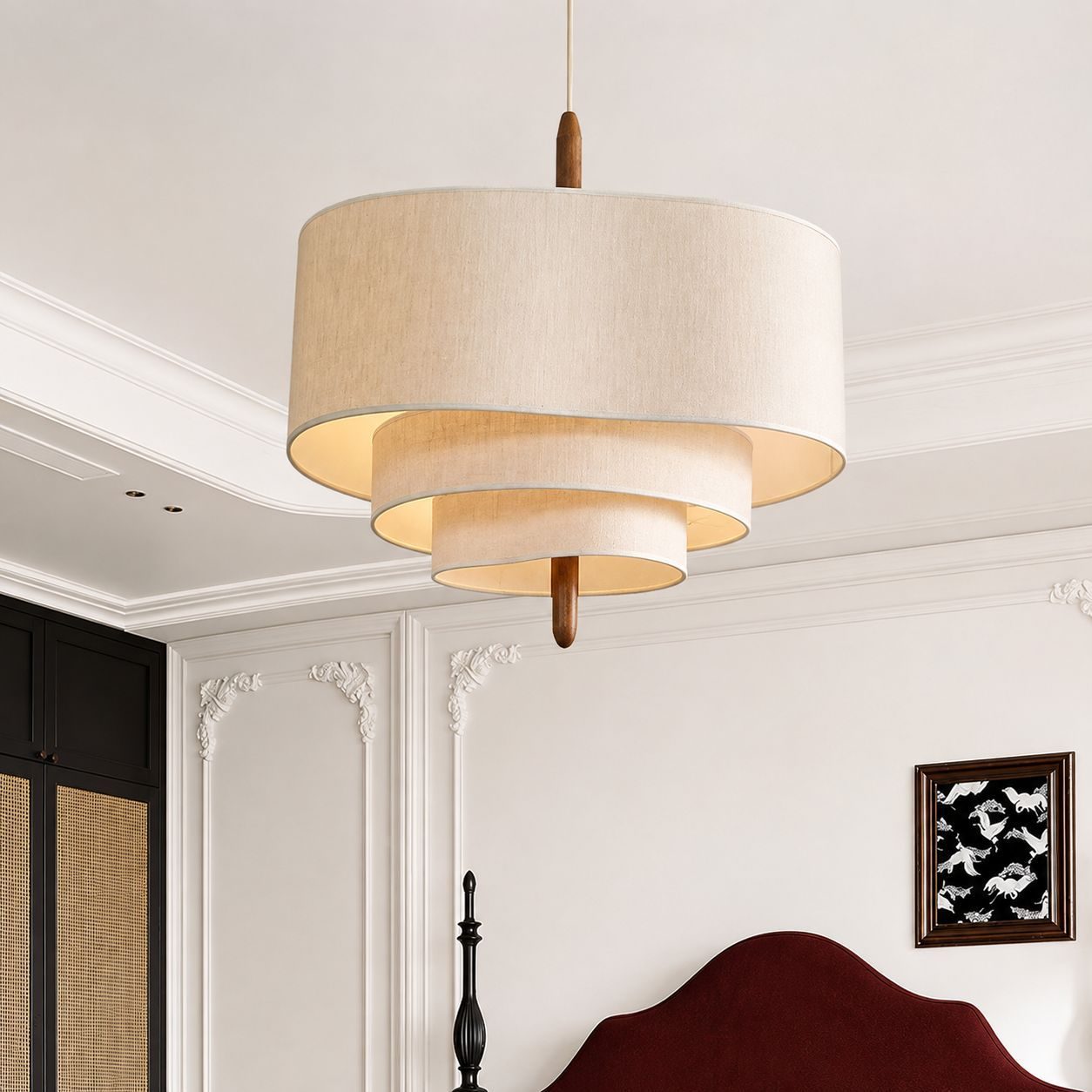 Pendant light with stacked layered drum shades