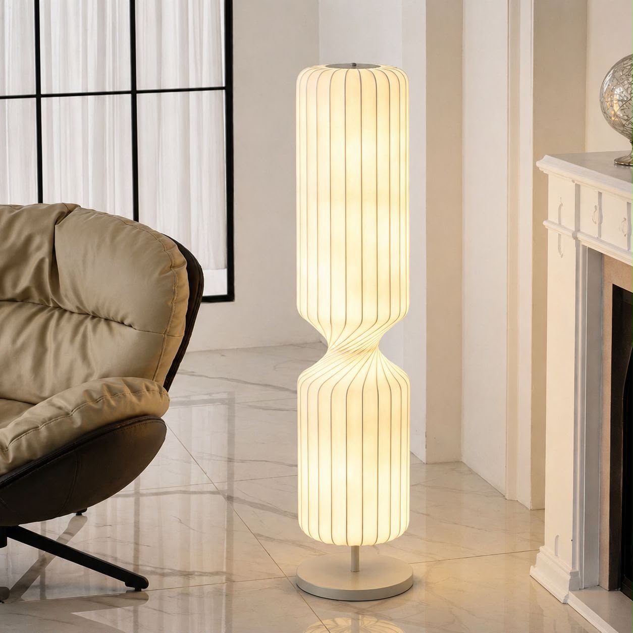 Floor lamp with a tall ribbed cylindrical column base