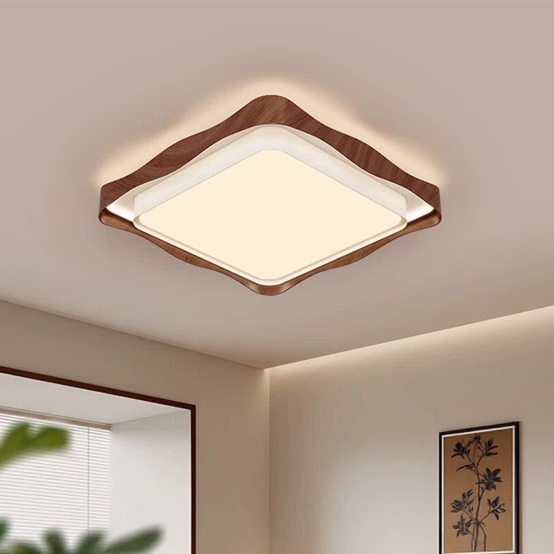 Square flush-mount ceiling light with a wood-toned trim