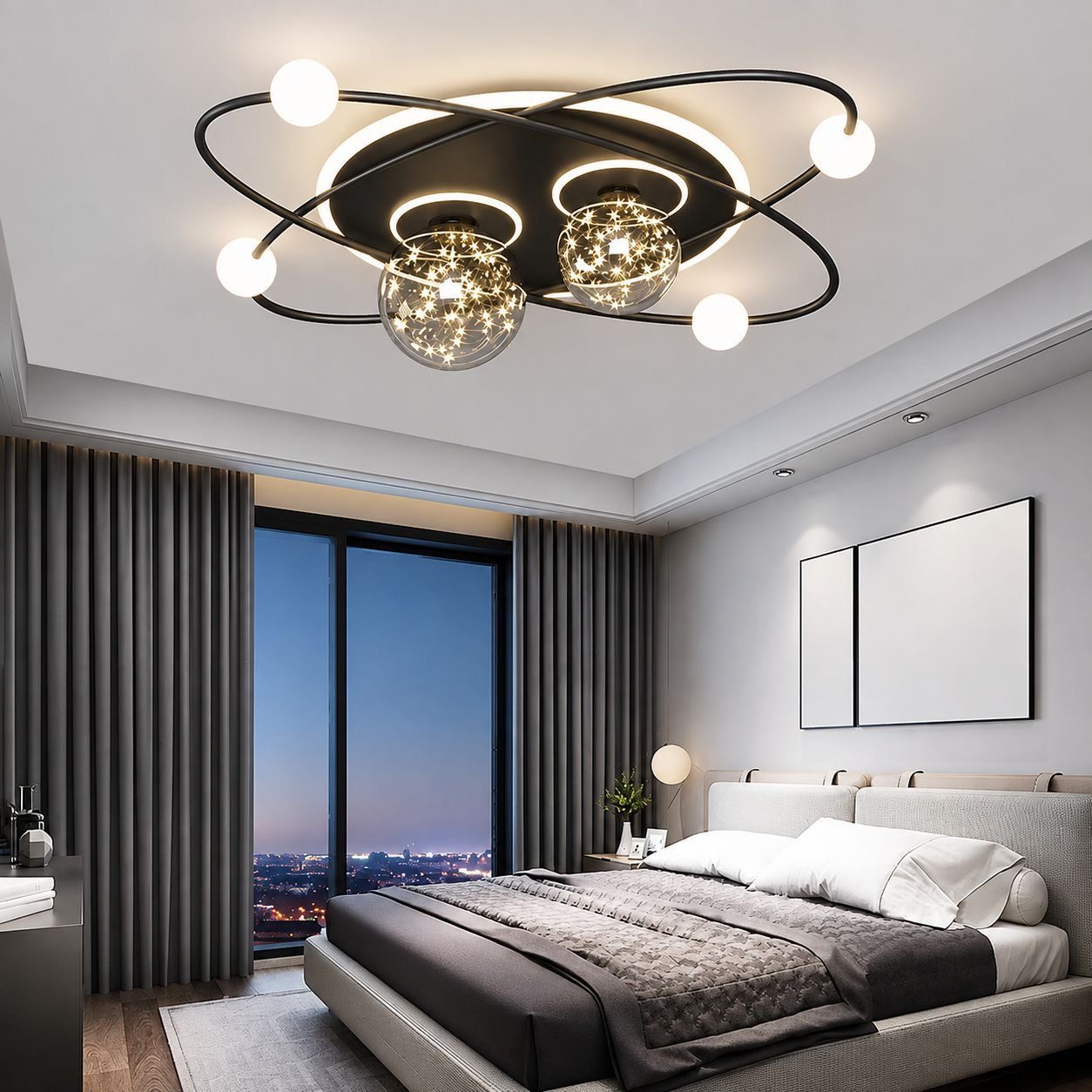 Flush-mount ceiling light with crystal accents and globe lights