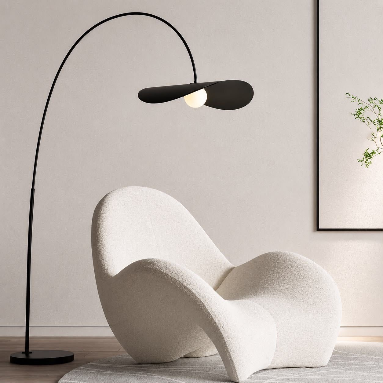 Floor lamp with a curved arc arm and two disc-shaped shades