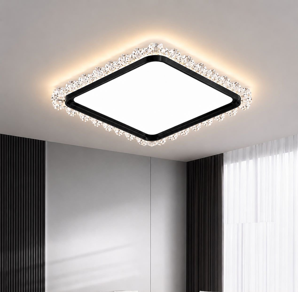 Square flush-mount ceiling light with a crystal edge trim