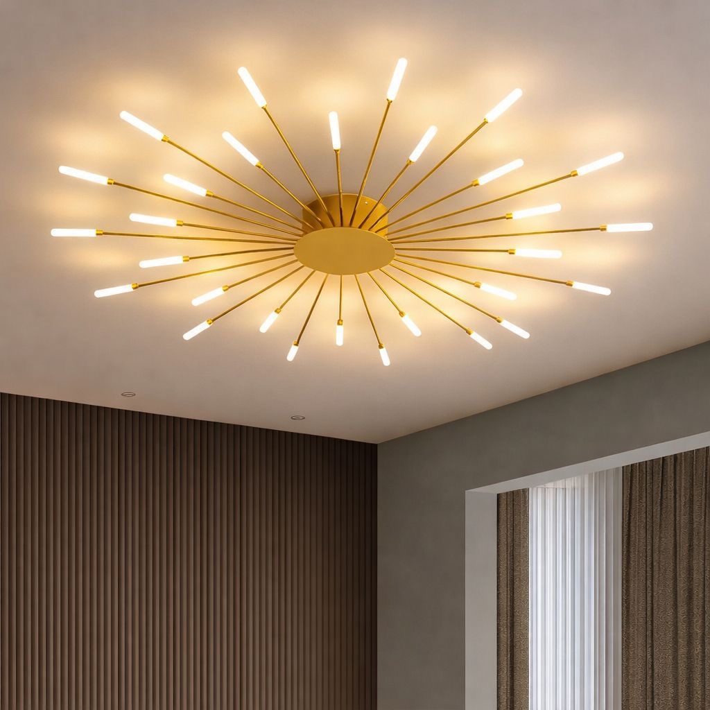 Starburst-pattern ceiling light with radiating metal rods