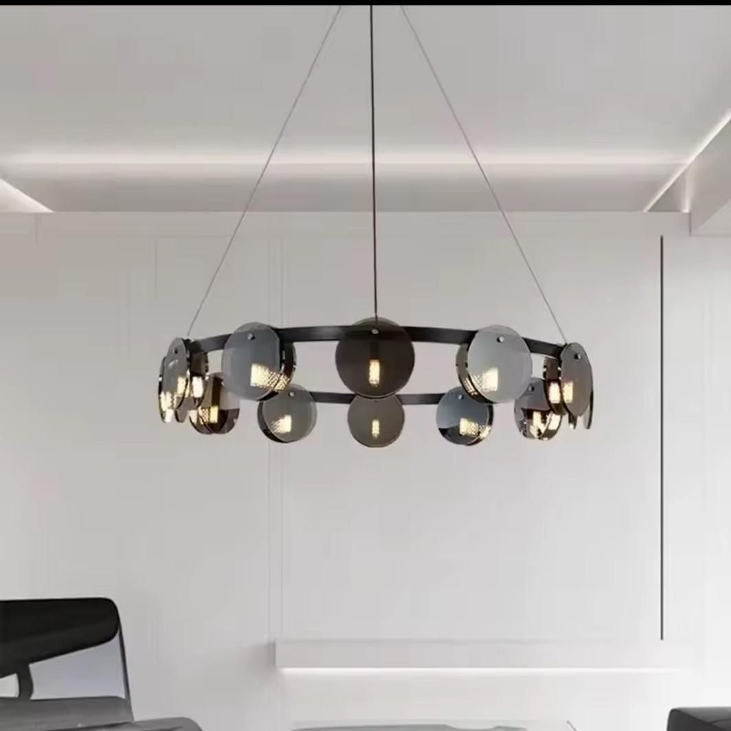 Seeky Modern Black Glass Ring Chandelier LED Ceiling Light with Adjustable Height and Middle Size for Living/Dining Rooms