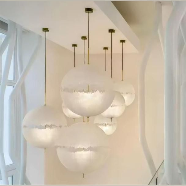 Nordic Full Moon Oval Resin Glass LED Chandelier Pendant Light Dimmable Hanging Ceiling Lamp 3500K Warm White for Restaurant